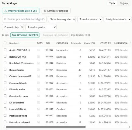 Catálogo en tabla en la computadora: productos con código, categoría, existencia y costo en dólares y en bolívares con la tasa BCV oficial