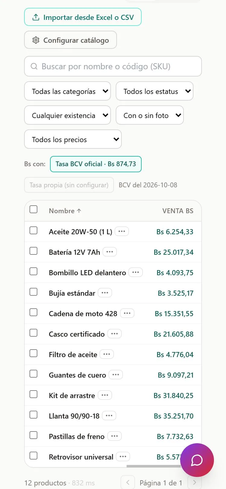Catálogo en el teléfono: nombres fijos con el botón de acciones y precios de venta en bolívares