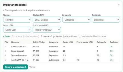 Importar productos desde Excel: cada columna con su selector, vista previa y el botón Crear 2 y actualizar 2
