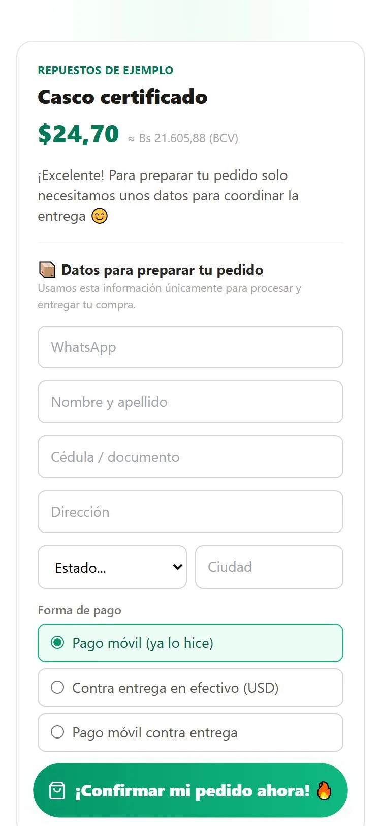Link de compra que ve el cliente en su teléfono: Casco certificado a $24,70, unos Bs 21.605,88 con la tasa BCV, y el formulario del pedido
